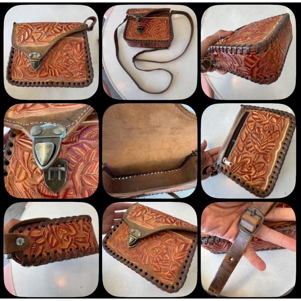 Vintage 70s Tooled Leather Crossbody Bag Brown Floral Rose Boho Western Mexican